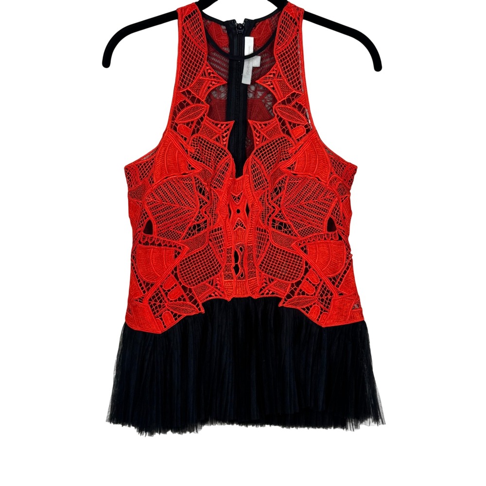 Jonathan Simkhai Red Guipure Lace Black Tulle Peplum Halter Top Size 2